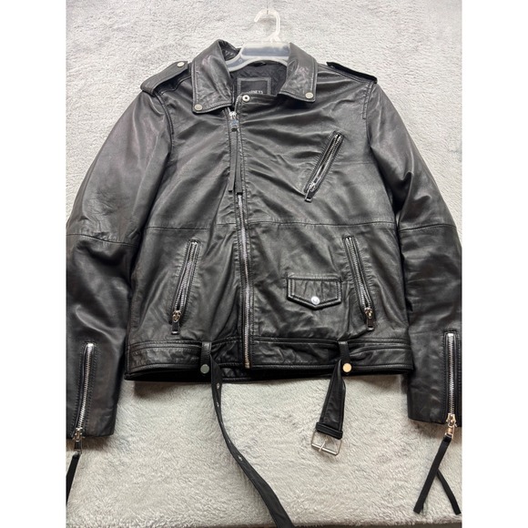 Barneys Originals Jackets & Blazers - Barneys Originals Womens XL Black Real Leather Biker Moto Jacket Belted